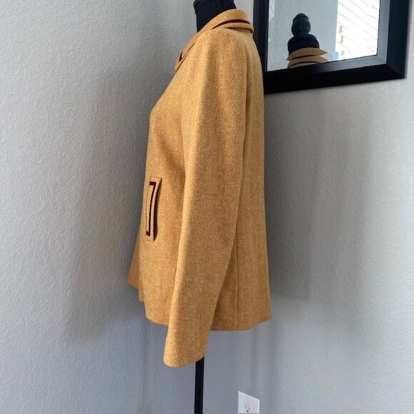 PHILLIPE ADEC Camel Wool Blend Tweed Jacket with Burgundy Trim Sz 6 - Picture 11 of 16